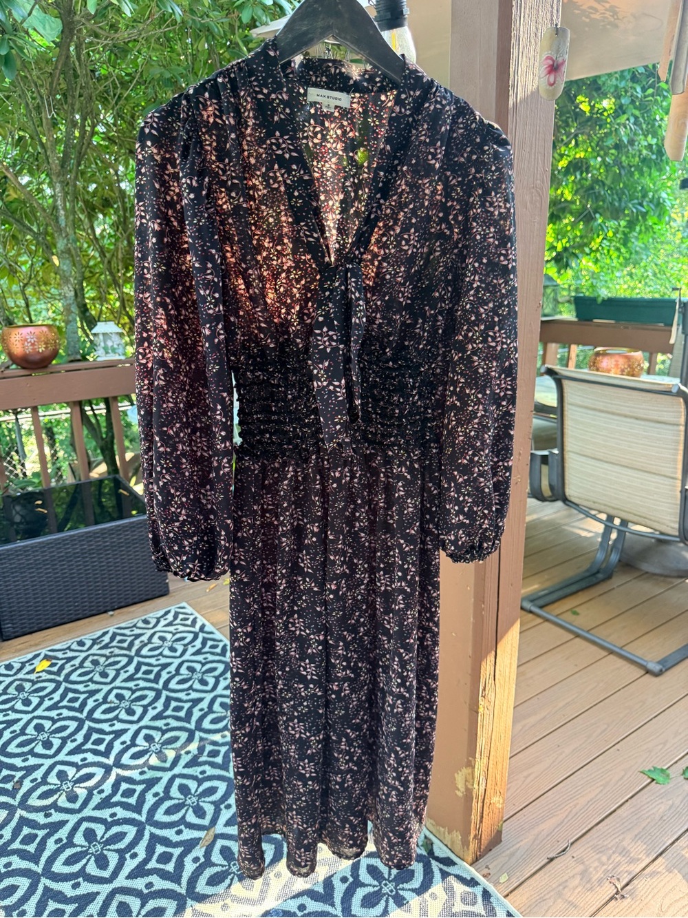 Max Studio Black Long-Sleeve Floral Midi Dress